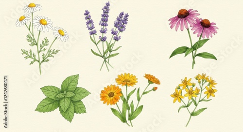Wallpaper Mural Botanical illustration of medicinal herbs and flowers including chamomile, lavender, and echinacea Torontodigital.ca