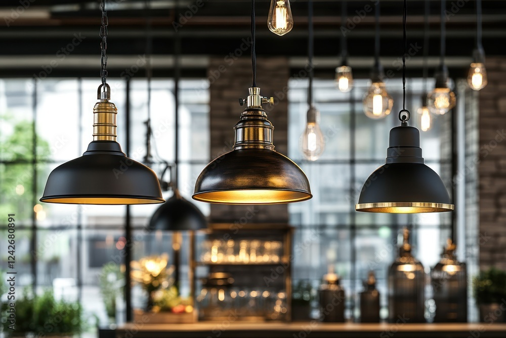 Obraz premium Industrial-style pendant lights illuminate a cafe