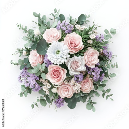 Pastel floral bouquet, studio shot, white background, wedding invitation design photo