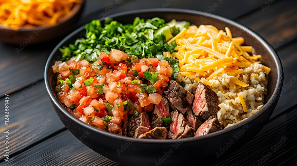 Juicy Steak Burrito Bowl with Fresh Pico de Gallo and Tasty Ingredients on a Rustic Wooden Table Juicy Steak Burrito Bowl with Fresh Pico de Gallo and Tasty Ingredients on a Rustic Wooden Table