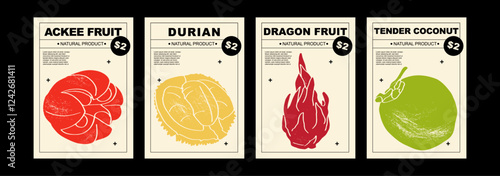 Ackee fruit, durian, dragonfruit, tender coconut. Set of posters of fruits and citrus in a abstract draw design. Simple, flat design. Patterns and backgrounds. Perfect for poster, cover, banner.
