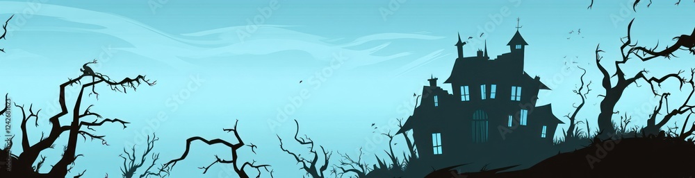 Haunted house silhouette at twilight with spooky trees. Haunted house silhouette at twilight with spooky trees.