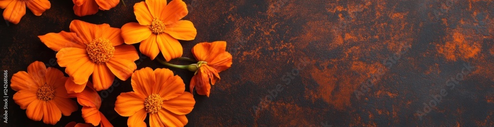 Orange cosmos flowers on dark brown textured background. Orange cosmos flowers on dark brown textured background.