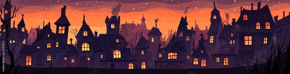 Evening cityscape with illuminated windows in gothic style houses under an orange sunset sky. Evening cityscape with illuminated windows in gothic style houses under an orange sunset sky.