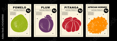 Pomelo, plum, pitanga, African horned. Set of posters of fruits and citrus in a abstract draw design. Simple, flat design. Patterns and backgrounds. Perfect for poster, cover, banner.