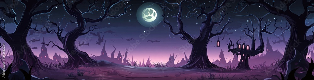 Spooky Halloween night scene with dark trees, full moon, haunted houses, and bats. Spooky Halloween night scene with dark trees, full moon, haunted houses, and bats.