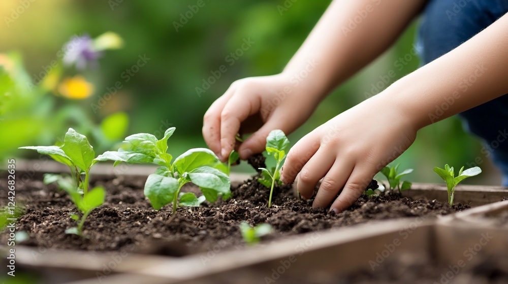 Child planting seedlings in garden, spring Child planting seedlings in garden, spring