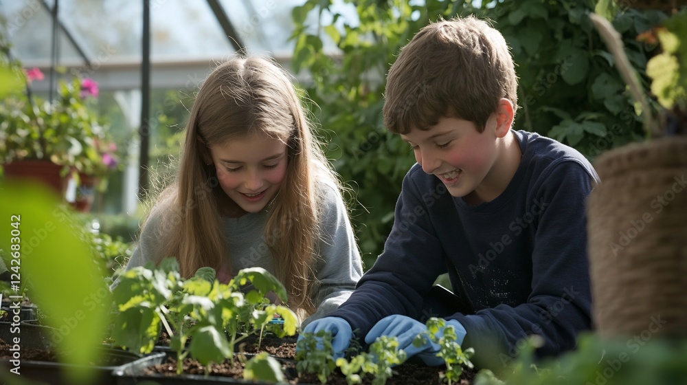 Children gardening greenhouse plants spring Children gardening greenhouse plants spring