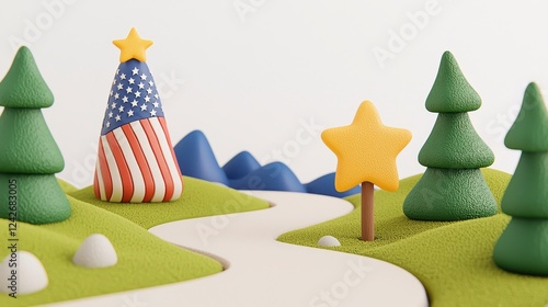 Patriotic 3D Render Winding Path Through a Whimsical Landscape with Star and Flag Trees photo