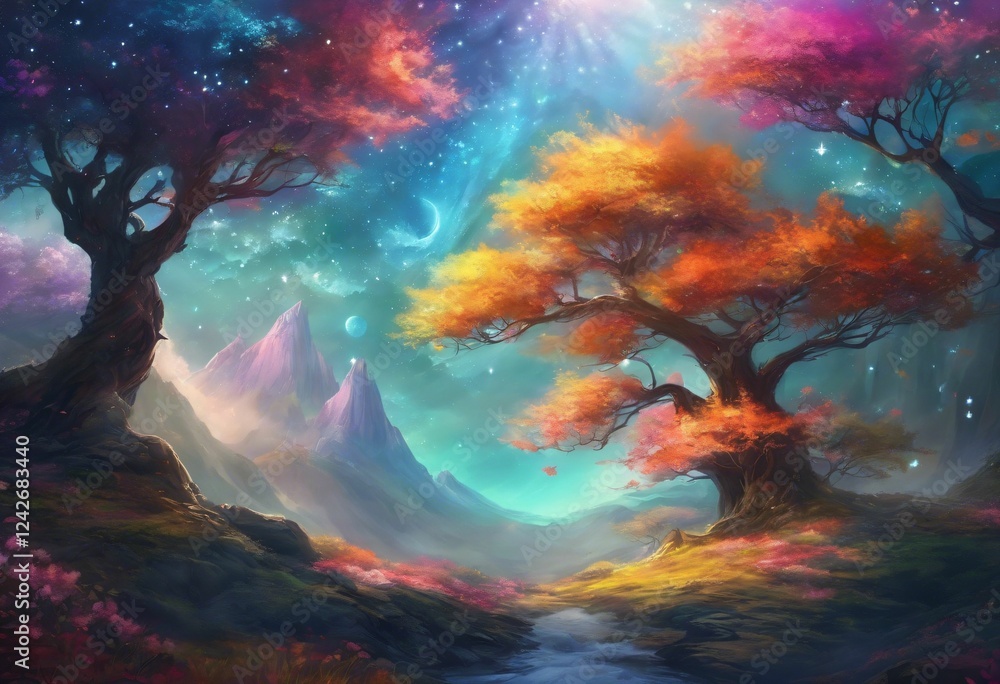 Vibrant Fantasy Landscape with Colorful Trees Vibrant Fantasy Landscape with Colorful Trees