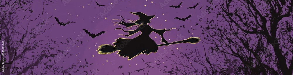 Silhouette of a witch flying on a broomstick at night, surrounded by bats and trees. Silhouette of a witch flying on a broomstick at night, surrounded by bats and trees.