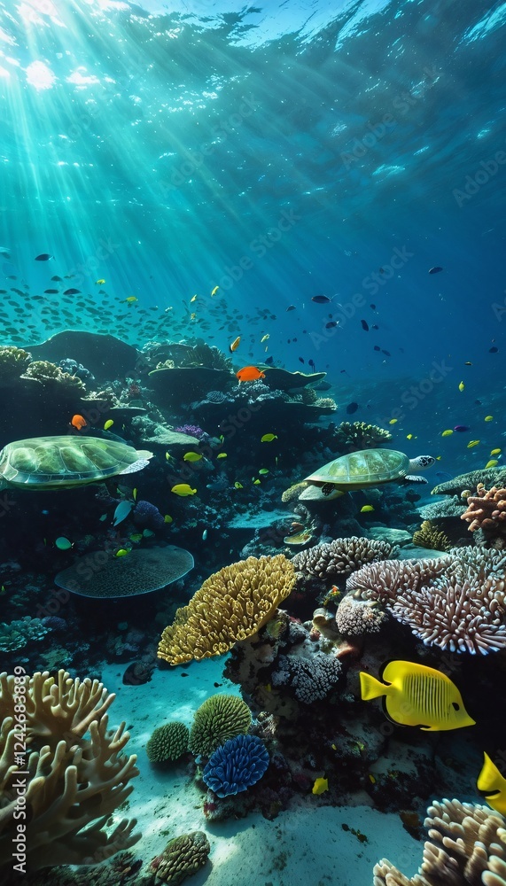 Naklejka premium Vibrant underwater coral reef teeming with colorful marine life