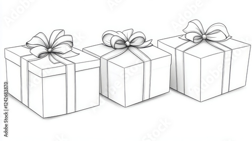 Crisp outline drawing of three holiday presents with bows, perfect for festive designs and decorations. Ideal for coloring or graphic projects