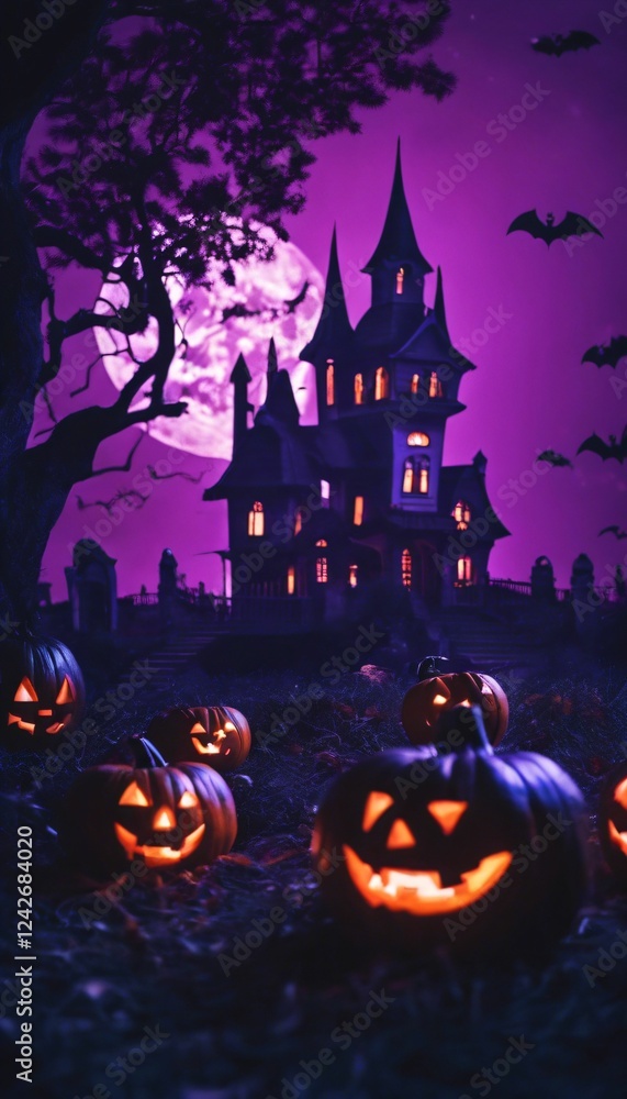 Spooky Halloween scene with jack-o'-lanterns and haunted house. Spooky Halloween scene with jack-o'-lanterns and haunted house.