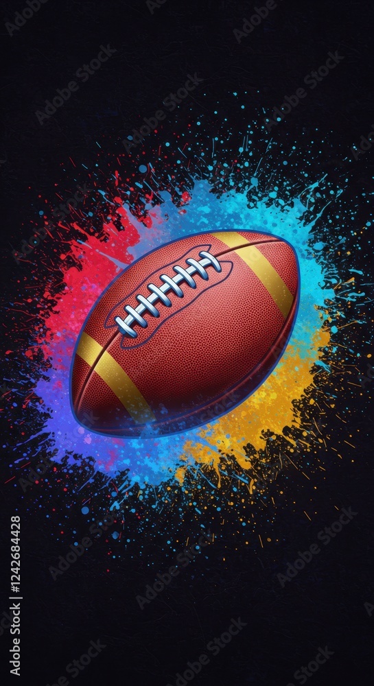 Vibrant splatter behind american football ball on black background Vibrant splatter behind american football ball on black background