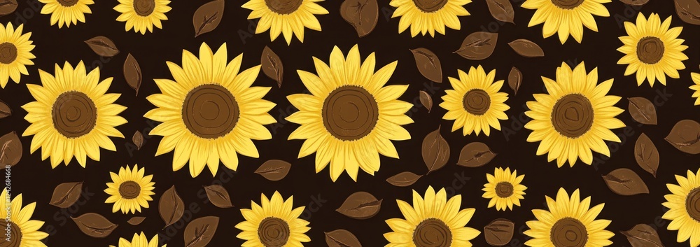 Seamless pattern of sunflowers and leaves on dark background. Seamless pattern of sunflowers and leaves on dark background.
