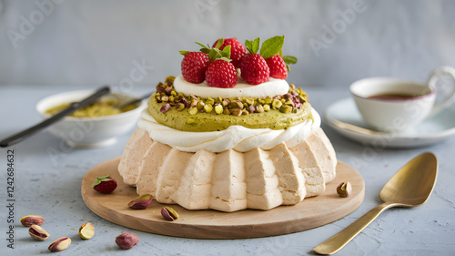 Pistachio cream-stuffed pavlova