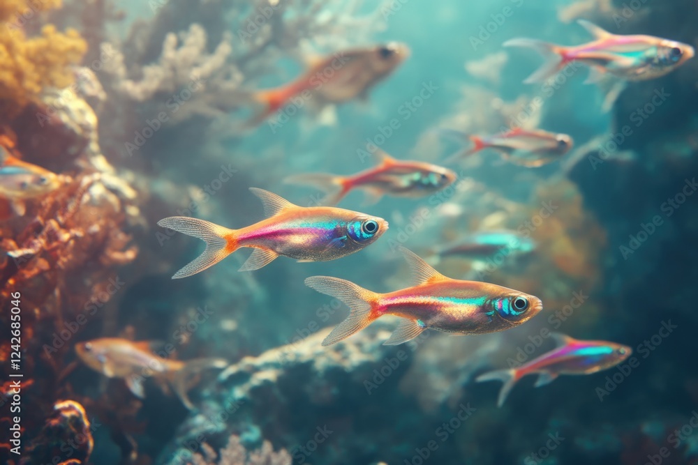 Naklejka premium Vibrant cardinal tetras swim amidst coral reef in an aquarium.