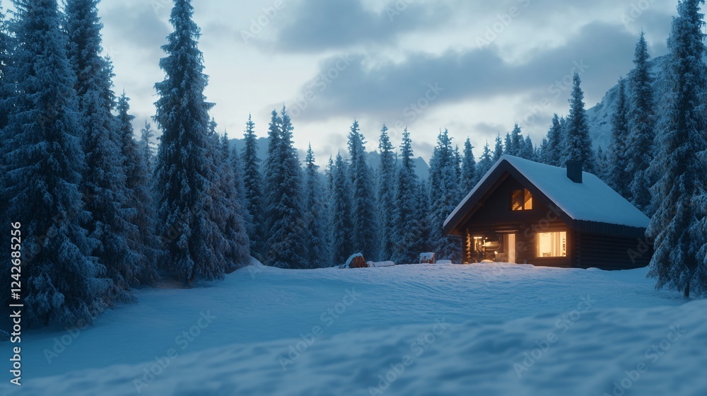 Cozy cabin, snowy forest, twilight. Winter wonderland escape Cozy cabin, snowy forest, twilight. Winter wonderland escape