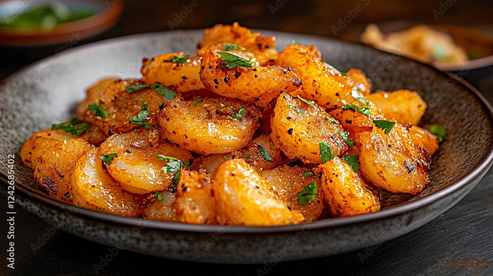 Seasoned Roasted Potatoes in Rustic Bowl, Closeup View Seasoned Roasted Potatoes in Rustic Bowl, Closeup View