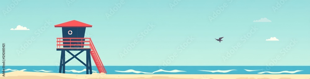 Summer beach scene with lifeguard tower, ocean, and sky. Summer beach scene with lifeguard tower, ocean, and sky.