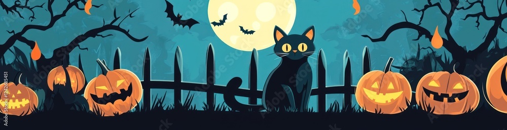 Halloween scene with black cat, pumpkins, and full moon. Halloween scene with black cat, pumpkins, and full moon.