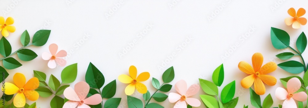 Fototapeta premium Colorful paper flowers and leaves border on white background.