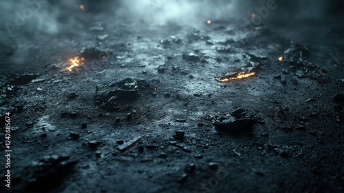 Fiery debris strewn across scorched earth
