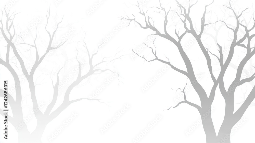 Silhouetted bare trees in fog, misty landscape, nature background, design element Silhouetted bare trees in fog, misty landscape, nature background, design element