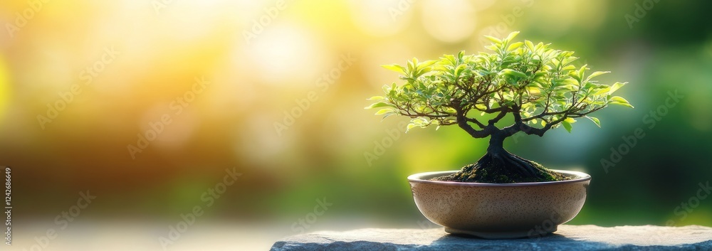 Miniature bonsai tree in a pot, outdoors in sunlight. Miniature bonsai tree in a pot, outdoors in sunlight.