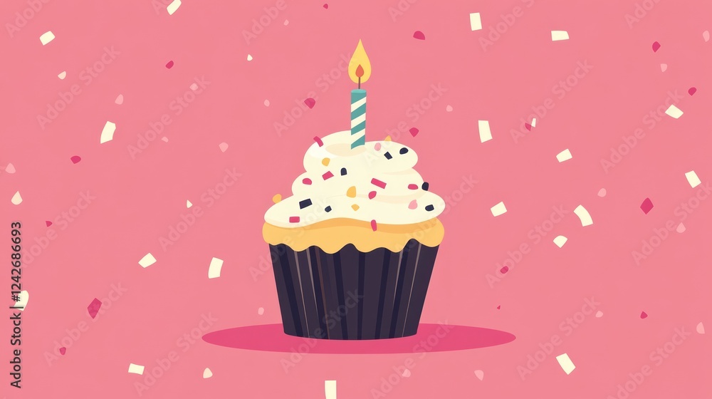Festive cupcake with candle and confetti on pink background.