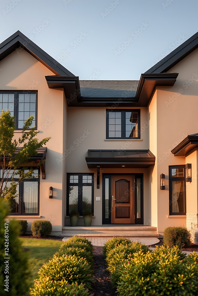 Luxury Modern Home Exterior: Elegant Design and Landscaping.  A contemporary residence showcasing stunning architecture, a welcoming entrance, and beautiful landscaping at sunset.