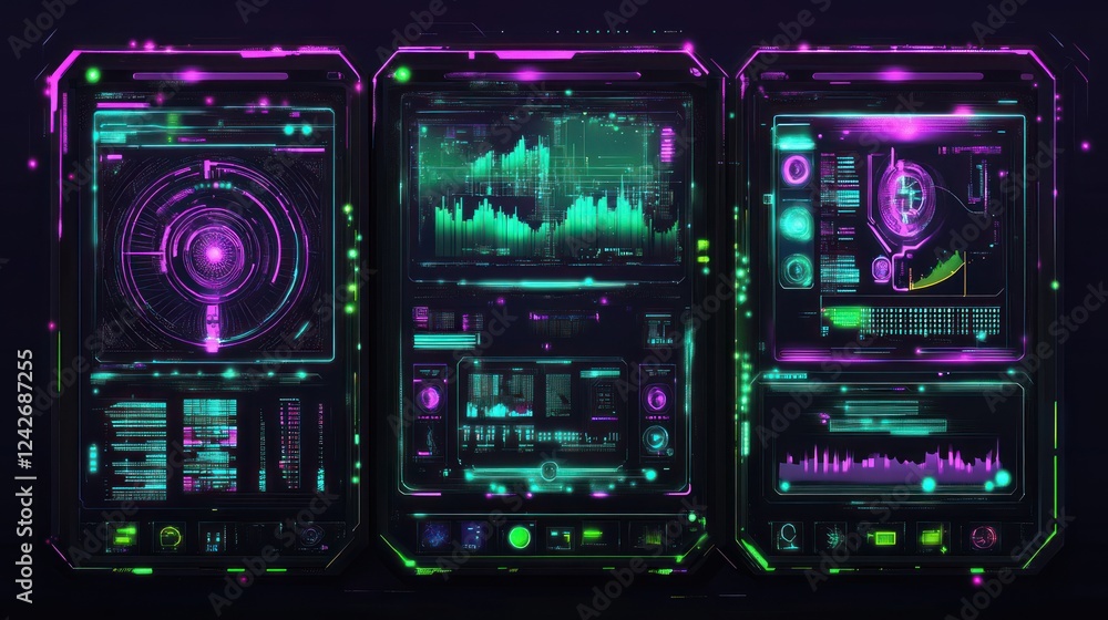 Futuristic triple screen dashboard displays data analysis, graphs, and charts with neon glowing UI elements. Futuristic triple screen dashboard displays data analysis, graphs, and charts with neon glowing UI elements.