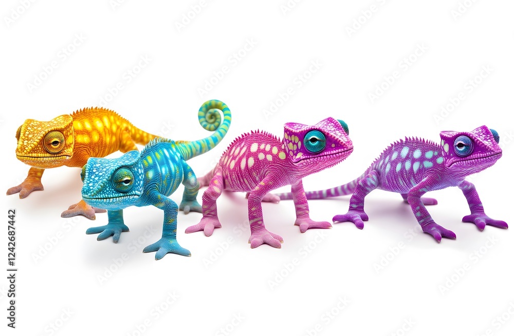 Fototapeta premium Three vibrant chameleons in a row display bright colors
