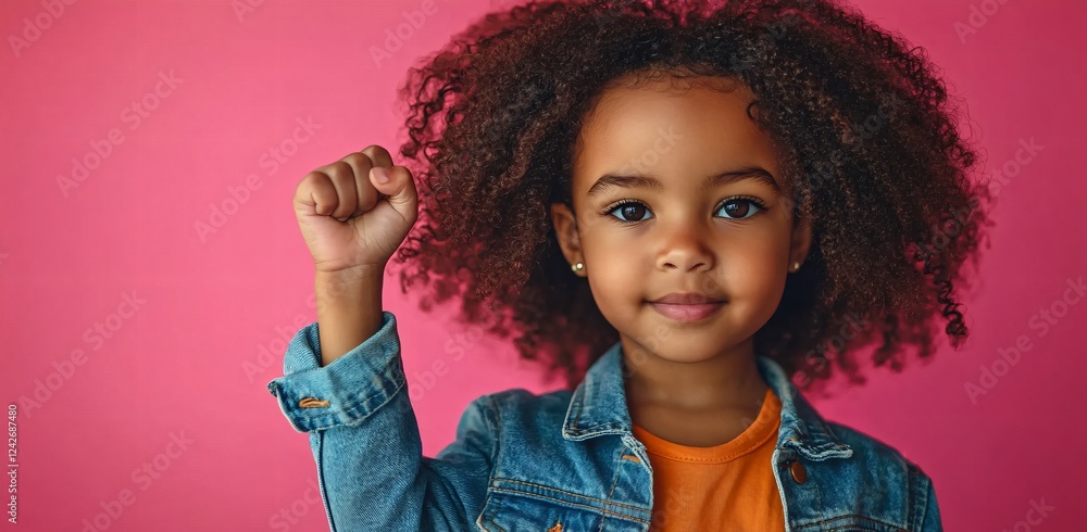 A young girl with curly hair confidently raising her fist symbolizes empowerment, suitable for Black History Month, youth empowerment campaigns, and social justice themes. A young girl with curly hair confidently raising her fist symbolizes empowerment, suitable for Black History Month, youth empowerment campaigns, and social justice themes.