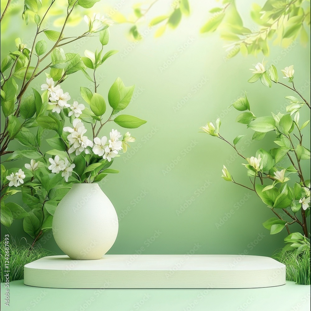 3D podium spring floral minimalist concept. A serene green background features a white vase with flowers, surrounded by lush leaves, creating a tranquil and refreshing atmosphere. 3D podium spring floral minimalist concept. A serene green background features a white vase with flowers, surrounded by lush leaves, creating a tranquil and refreshing atmosphere.