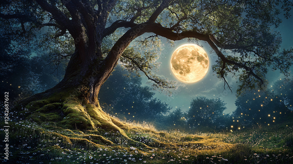 Naklejka premium Mystical Moonlit Oak - Ideal for Fantasy Art Prints & Nature-Themed Promotions