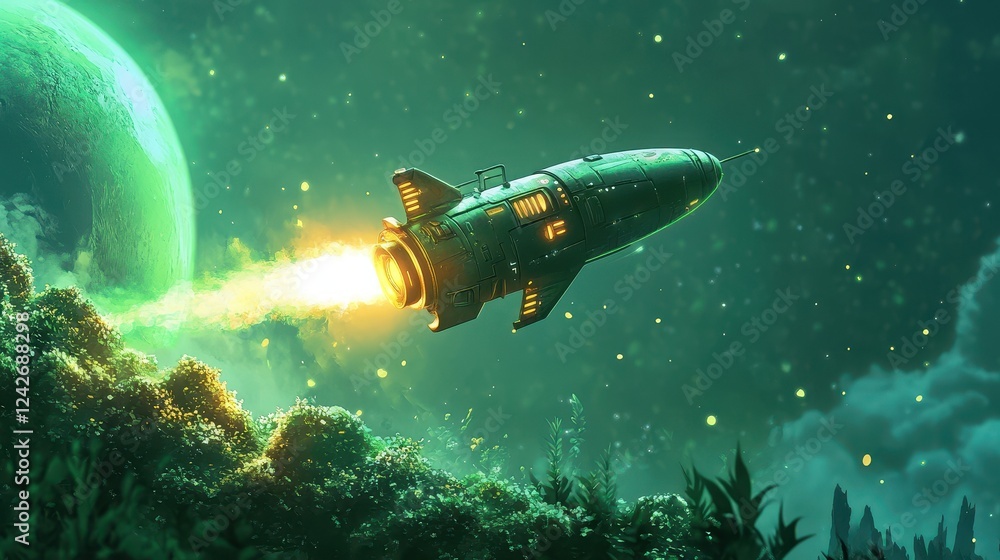 Fototapeta premium Green Spaceship Launching Near Alien Planet