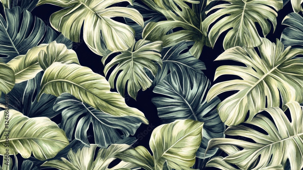 Lush tropical leaves pattern, dark background, green and olive hues, overlapping foliage. Lush tropical leaves pattern, dark background, green and olive hues, overlapping foliage.