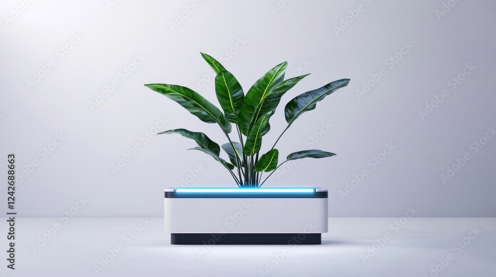 Green Plant in White Illuminated Pot on White Background Green Plant in White Illuminated Pot on White Background