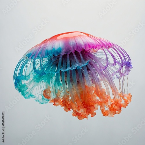 A neon-colored jellyfish floating weightlessly against a brilliant white background.