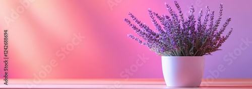 Lavender flowers in a white pot on a wooden surface against a pink and purple background.