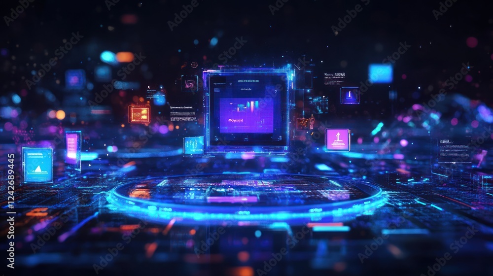 Futuristic holographic display with data and graphs on a digital platform. Futuristic holographic display with data and graphs on a digital platform.