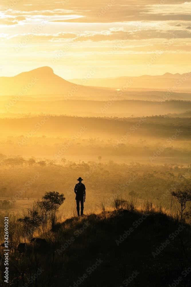 A dedicated park ranger standing on a hill, gazing over a breathtaking landscape of nature's beauty. A dedicated park ranger standing on a hill, gazing over a breathtaking landscape of nature's beauty.