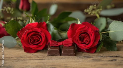 A beautiful bouquet of red roses, a symbol of love and romance, rests on a rustic wooden table