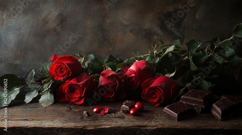 A beautiful red rose blossom on an old wooden background