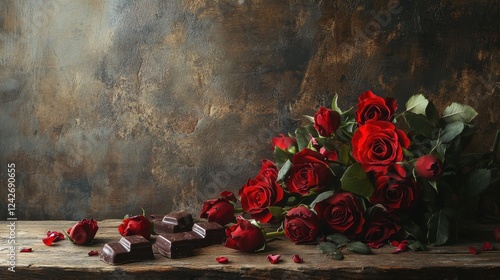A red rose bouquet, a floral Christmas decoration on an old wooden background