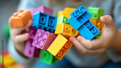 The joy and creativity of playtime showcased as a child holds a collection of colorful building blocks