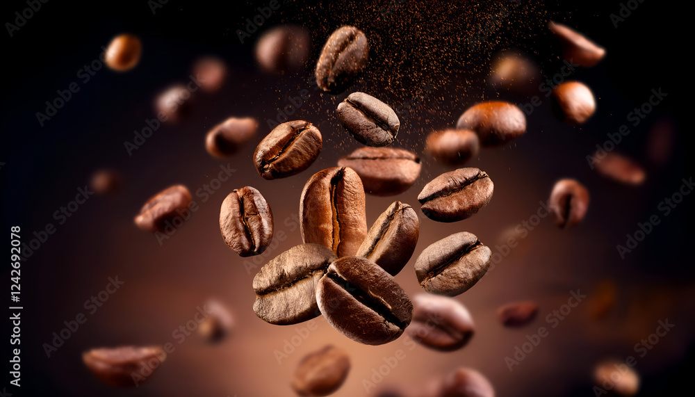 Roasted coffee beans falling onto a heap against a dark background, captured in close-up Roasted coffee beans falling onto a heap against a dark background, captured in close-up