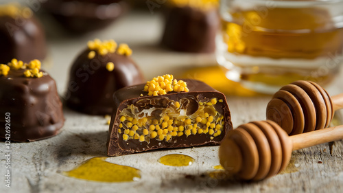 Dark chocolate filled with bee pollen honey photo